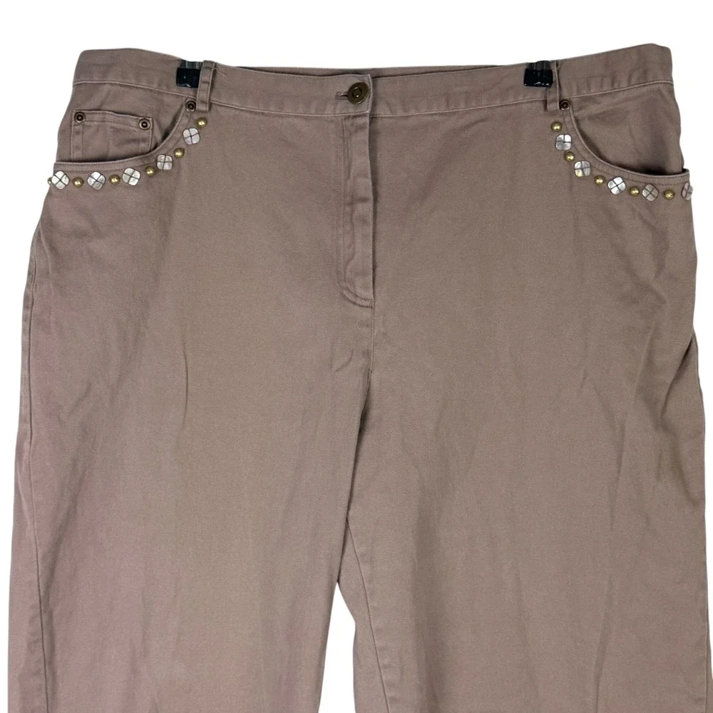 Ruby Rd Woman's 20W Taupe Brown Embellished Straight Leg Crop Pants Elastic Back - Picture 2 of 8